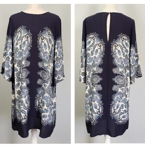 H&M Paisley Print Shift Dress Viscose Boho Lightweight Blue Sz 14